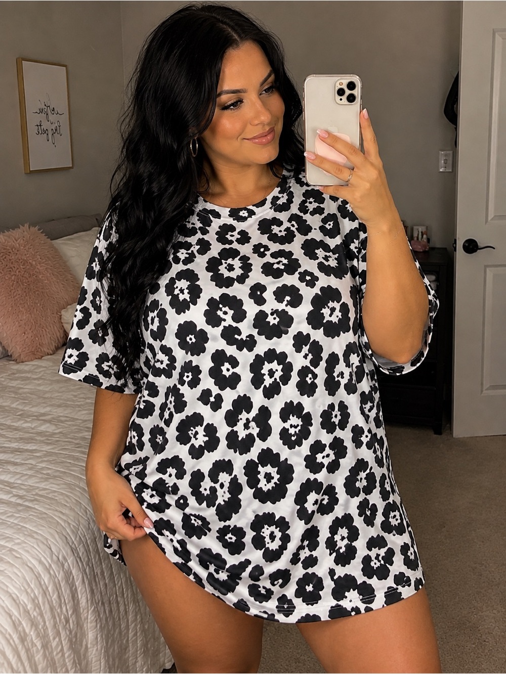 Black & White Cheetah Print Short Sleeve Oversized T-Shirt Top
